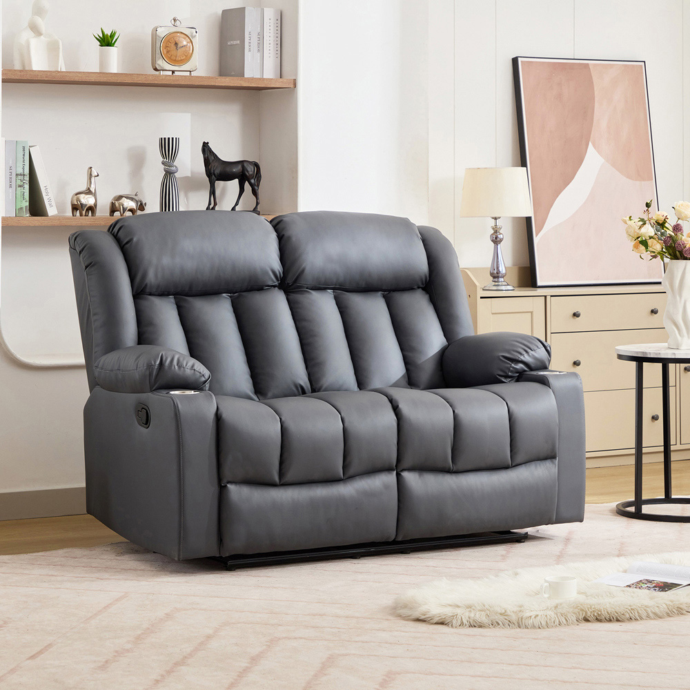 Artemis Home Sheridan 2 Seater Grey Leather Manual Recliner Sofa with Cup Holders Image 4