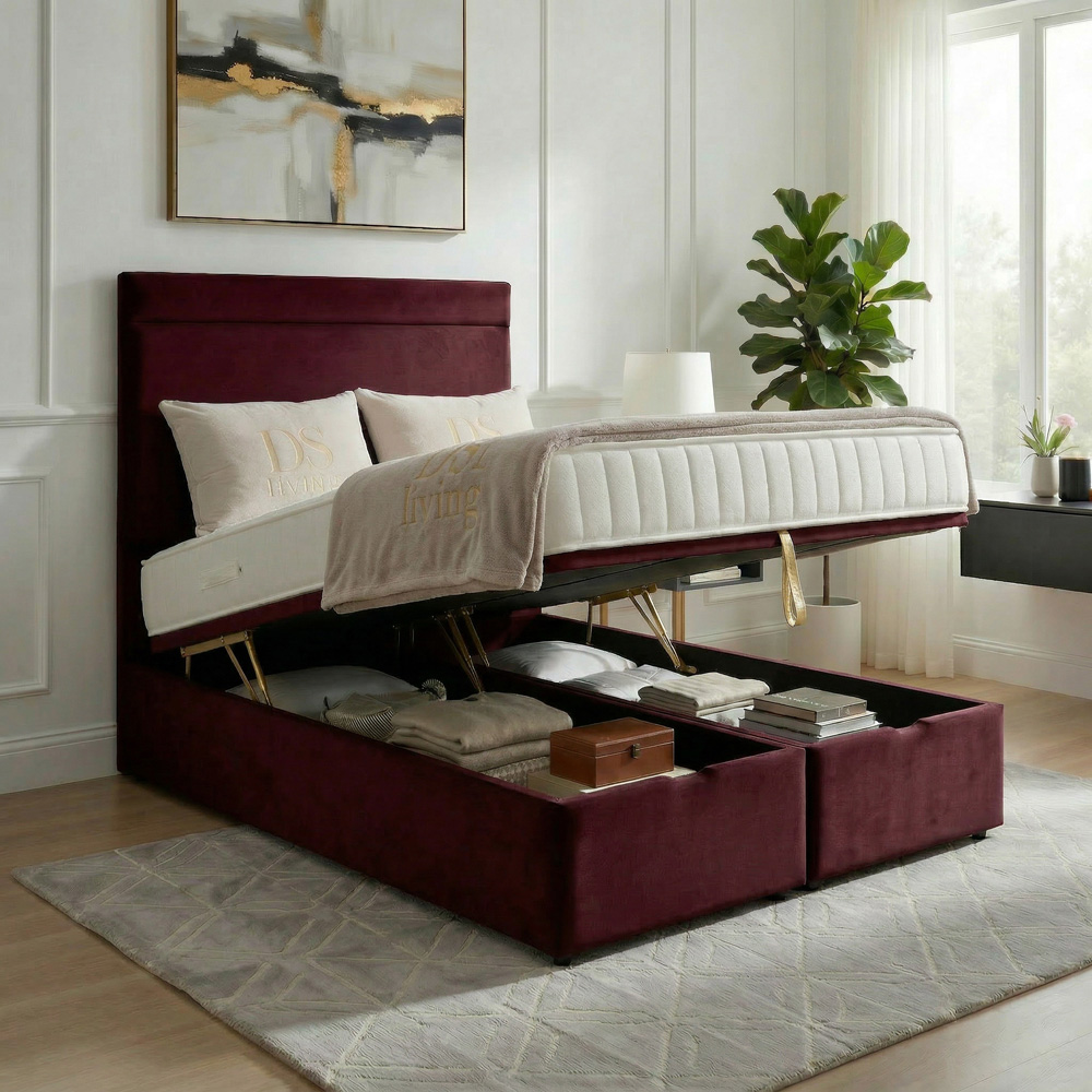 DS Living Majesty King Size Maroon Plush Velvet Ottoman Bed Image 2
