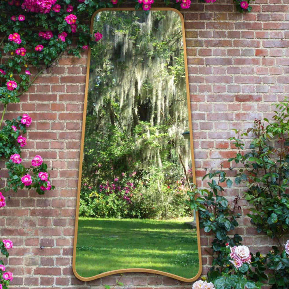 MirrorOutlet The Coartans Gold Metal Trapezoid Outdoor Garden Wall Mirror 180 x 85cm Image 2