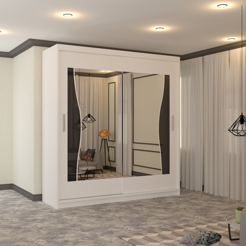 M N Furniture Banton 2 Door White Curved Mirrored Sliding Wardrobe 120cm Image 4