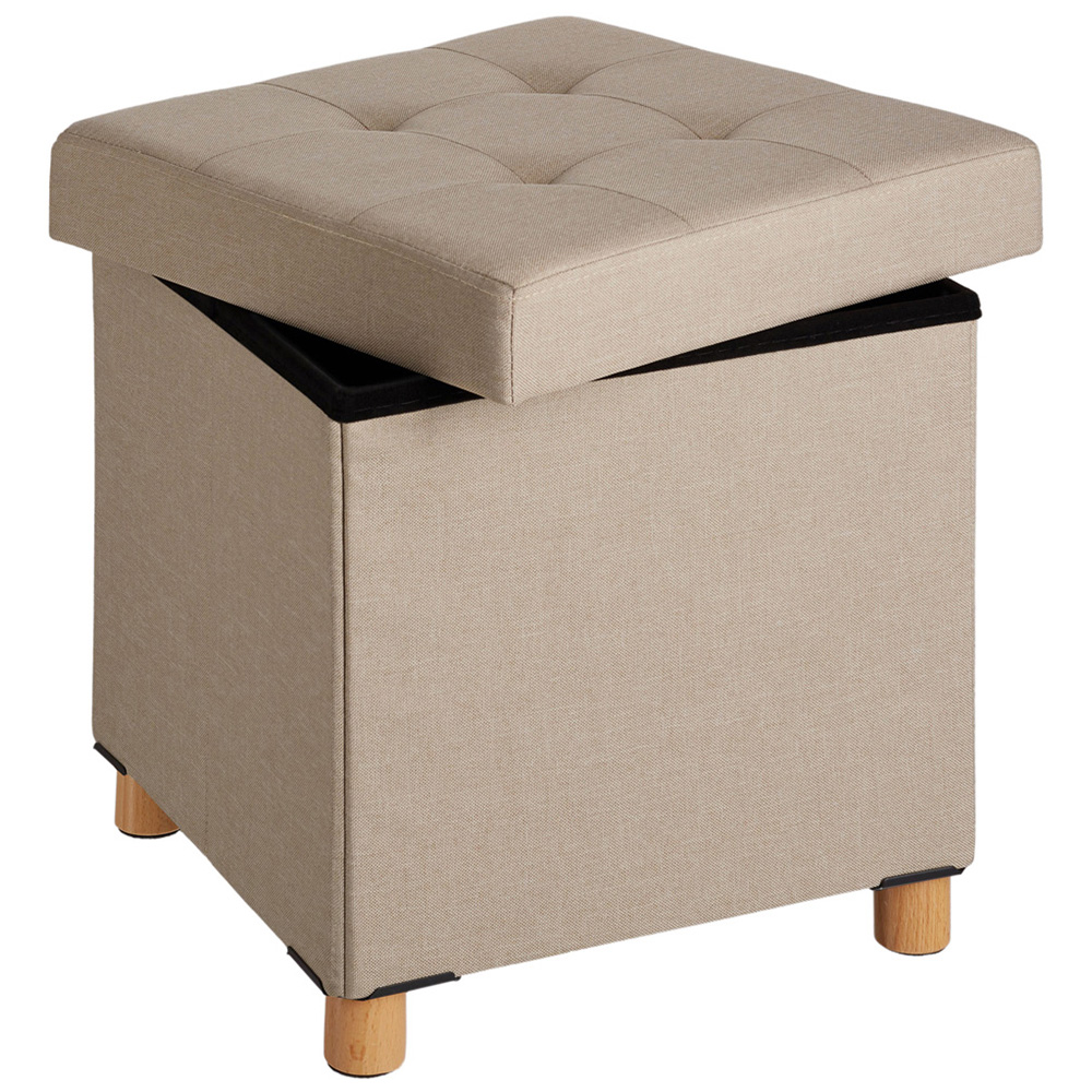 tectake Alea Sand Linen Look Padded Foldable Stool with Storage Image 2