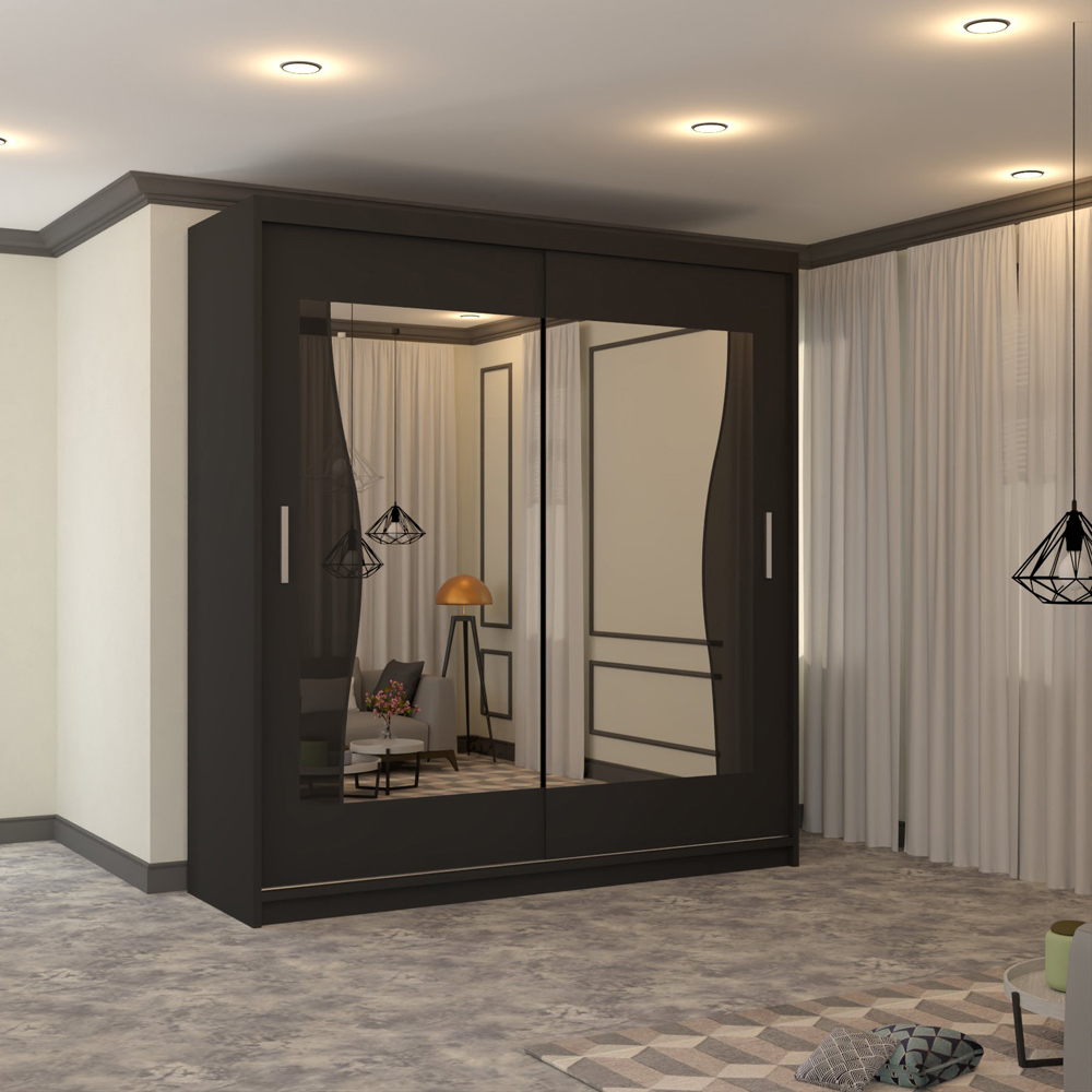 M N Furniture Banton 2 Door Black Curved Mirrored Sliding Wardrobe 180cm Image 4