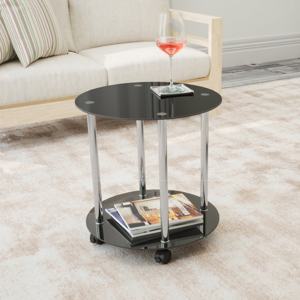 AVF Black Glass and Chrome Round Lamp Table with Wheels Image 5