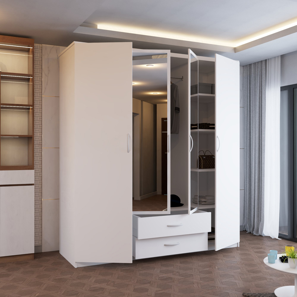 Sliding Wardrobes 4U London 4 Door 2 Drawer White Hinged Central Mirrored Wardrobe 171cm Image 3