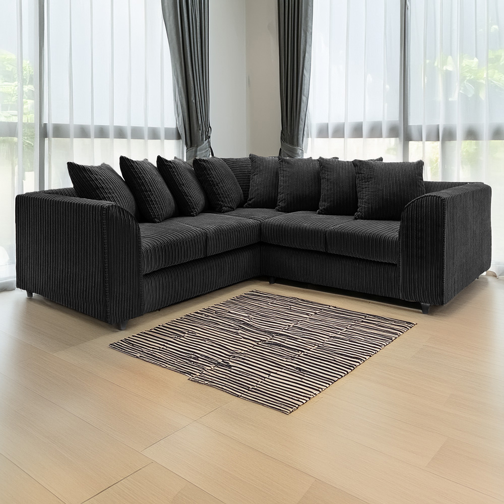 Luxor 5 Seater Black Jumbo Cord Scatter Back L Shaped Corner Sofa Set Image 1