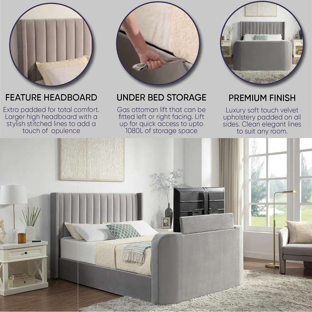 Home Treats Double Velvet Winged Panel Ottoman TV Bed Image 6