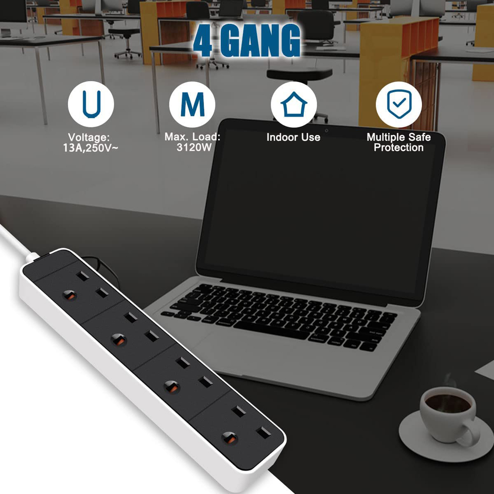 ExtraStar 13A 3m 4 Socket Black Extension Lead Image 4