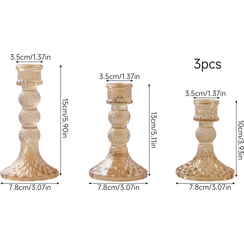 Living and Home Amber Glass Tiered Candlestick Holder Set of 3 Image 9