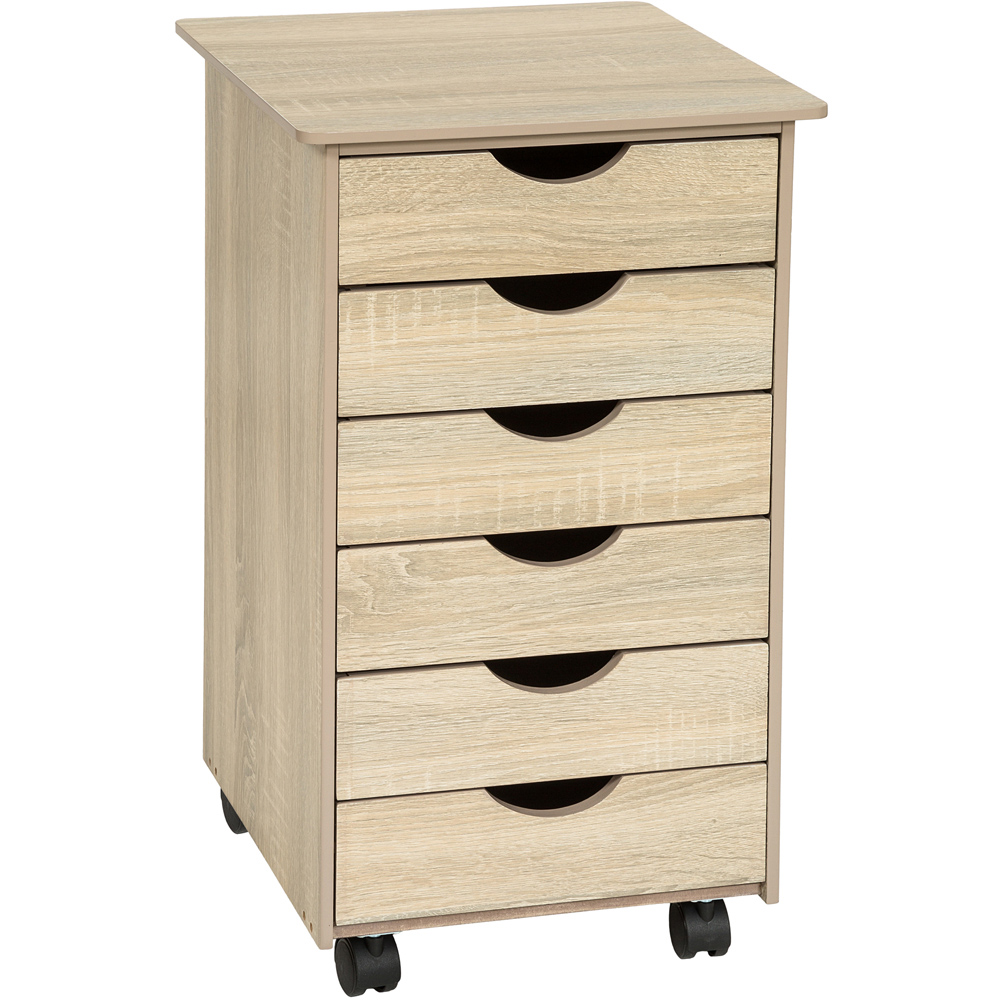 tectake 6 Drawers Light Oak Chest of Drawers with Wheels Image 2