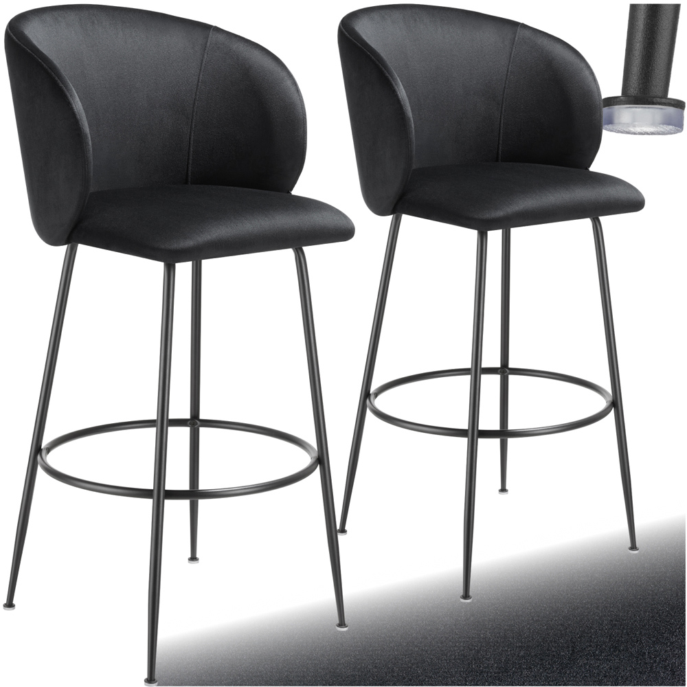tectake Luana Black Velvet Look Padded Bar Stool Set of 2 Image 2