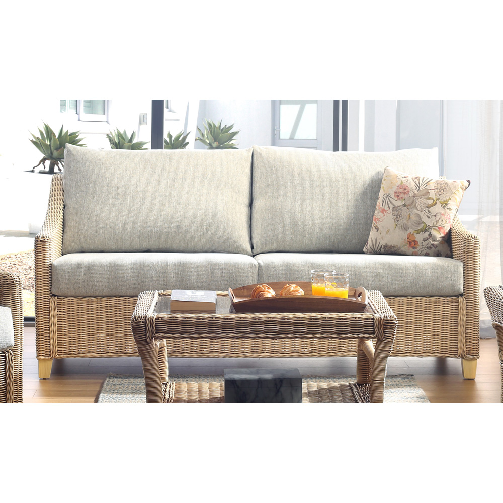 Desser Dijon 3 Seater Natural Rattan Cane Pebble Fabric Sofa Image 3