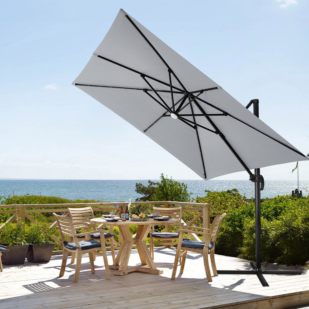 Living and Home Light Grey Square LED Rotatable Cantilever Parasol with Rose Cement Base 3m Image 2