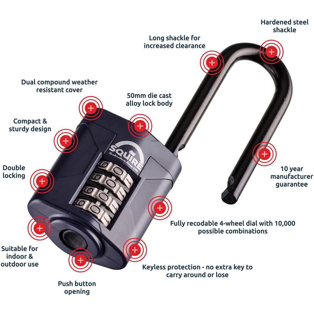 Squire 50mm 4 Wheel Combination Long Shackle Padlock Image 6
