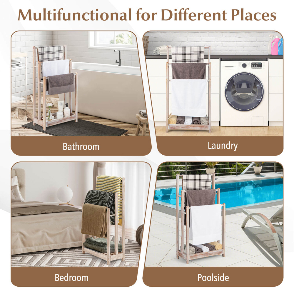 Costway 3 Tier White Wood Freestanding Towel Rack with Shelf Image 5