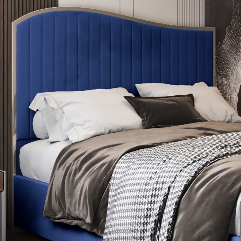 Brixton Blue Small Double Velvet Upholstered Metal Bed Frame with Wave Headboard Image 3
