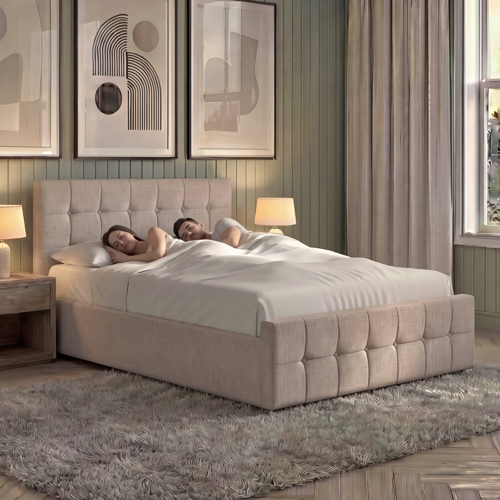VIDA DESIGNS Valentina Double Beige Linen Ottoman Bed with Padded Headboard Image 4