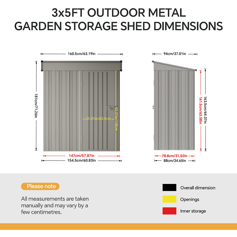 Living and Home 3 x 5ft Grey Metal Pent Compact Garden Storage Shed Image 8