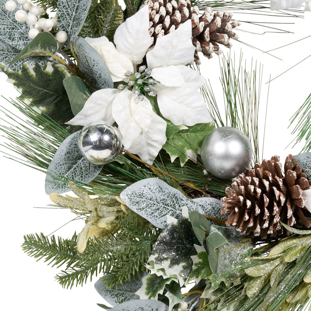 White Poinsettia Pinecone Bauble Wreath Image 2