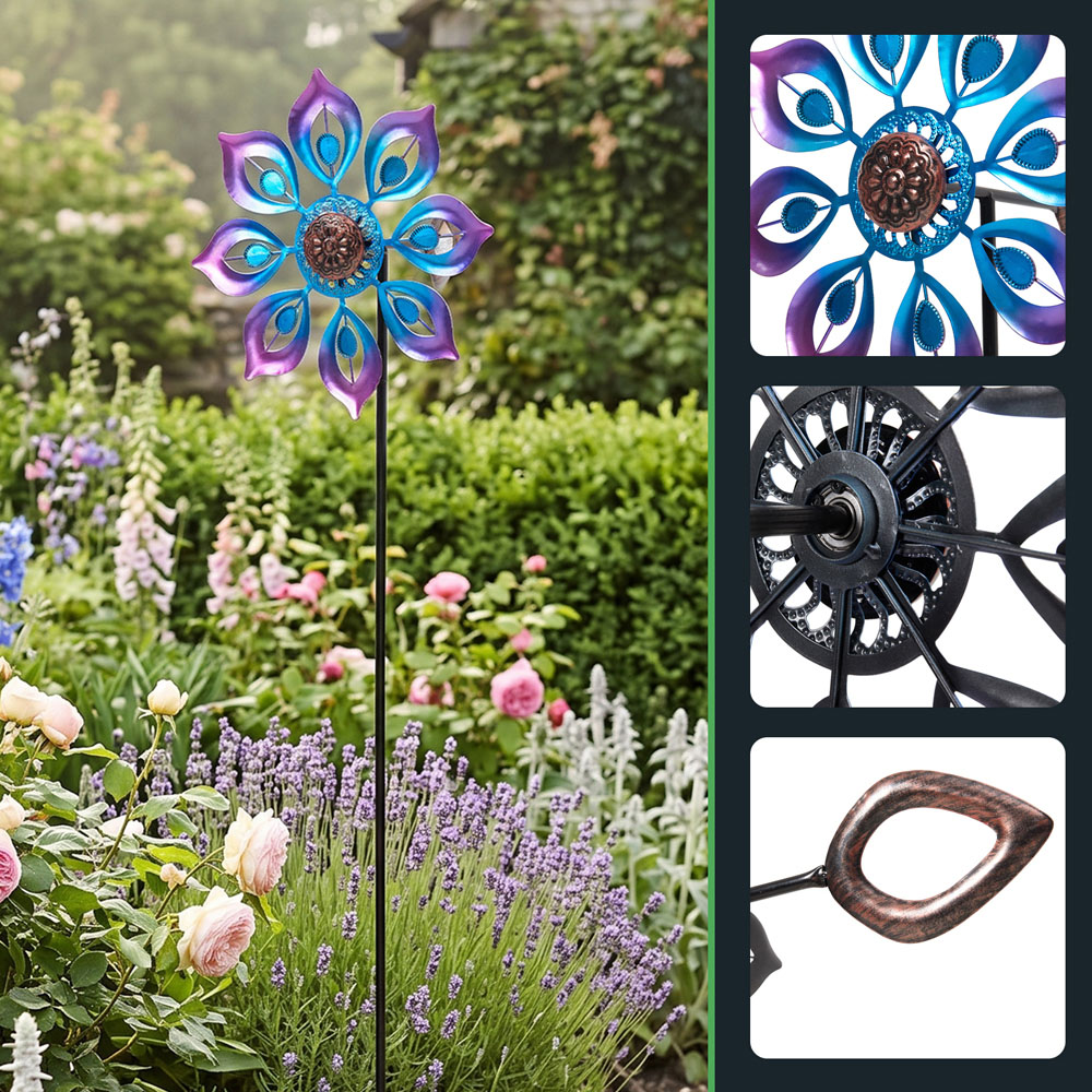Living and Home 8 Blades Blue and Purple Metal Flower Wind Spinner 120cm Image 4