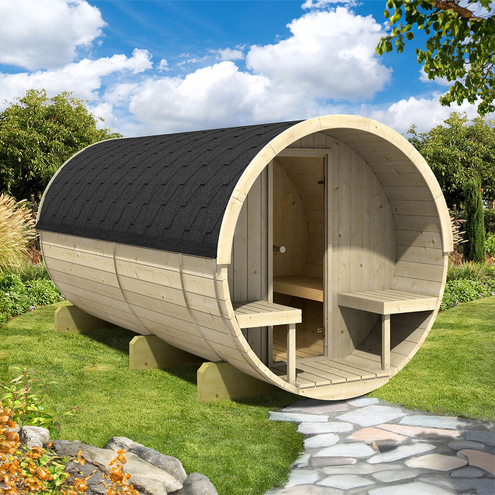 Stjarna 400 Black Outdoor Wooden Barrel Sauna 6.5 x 13.1ft Image 2