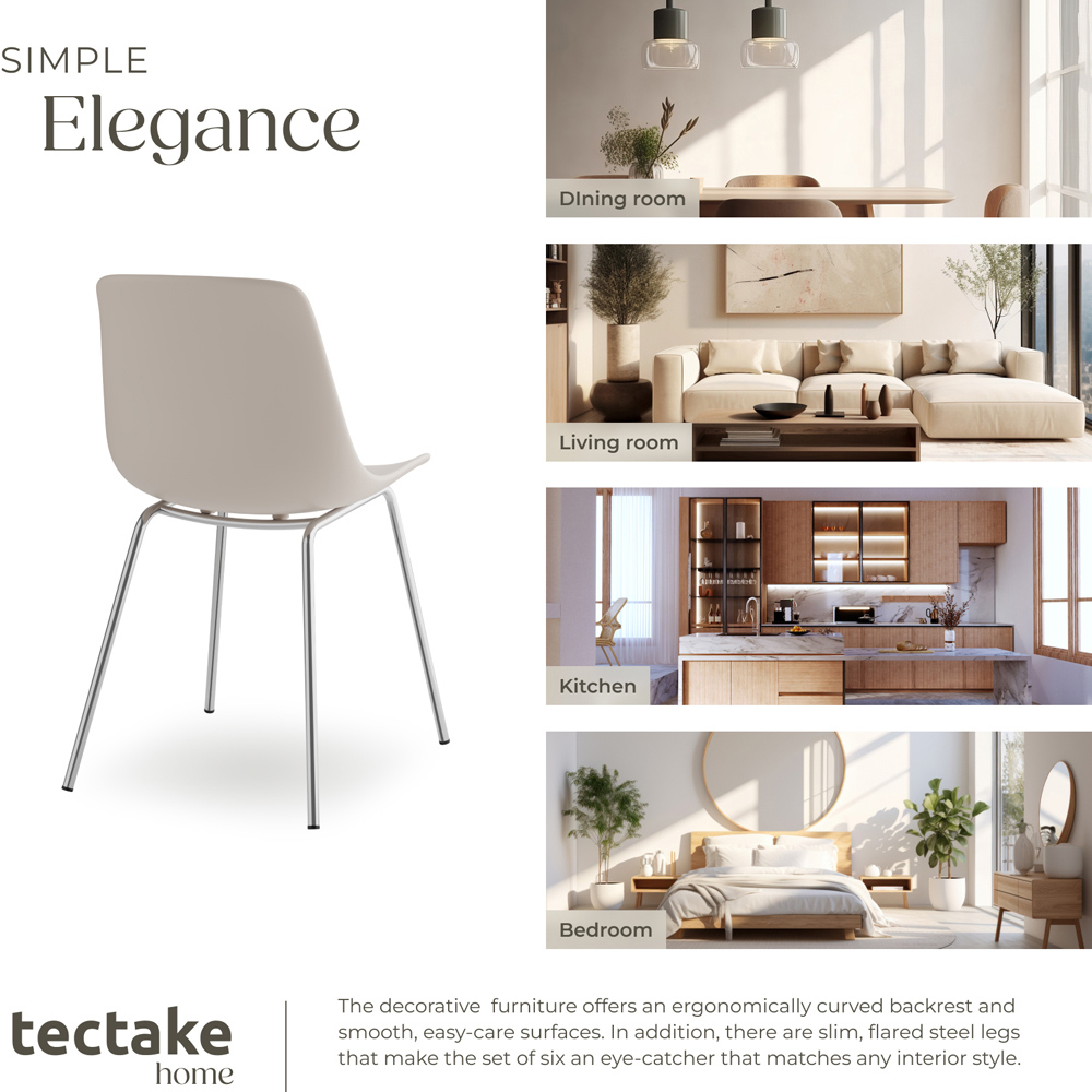 tectake Mave Set of 6 Taupe and Chrome Dining Chair Image 5