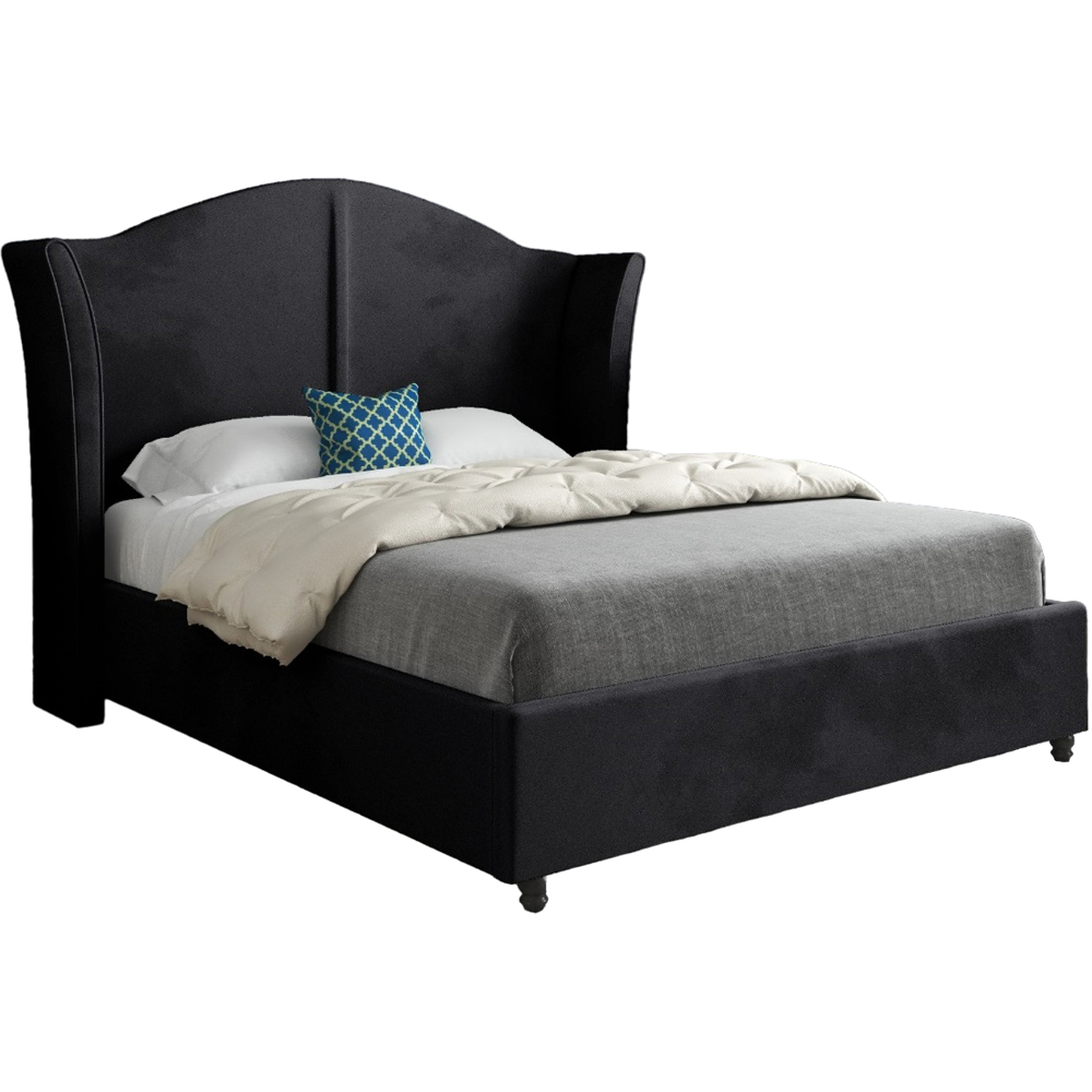 Zampa Double Black Soft Velvet Upholstered Bed Frame with Curved Winged Headboard Image 2