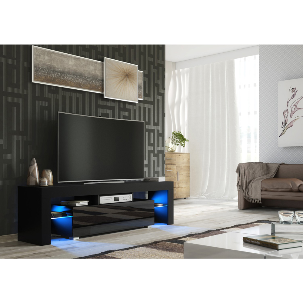 Creative Furniture Aria Black and Black Gloss Single Door 3 Shelf TV Unit with LED Image 6