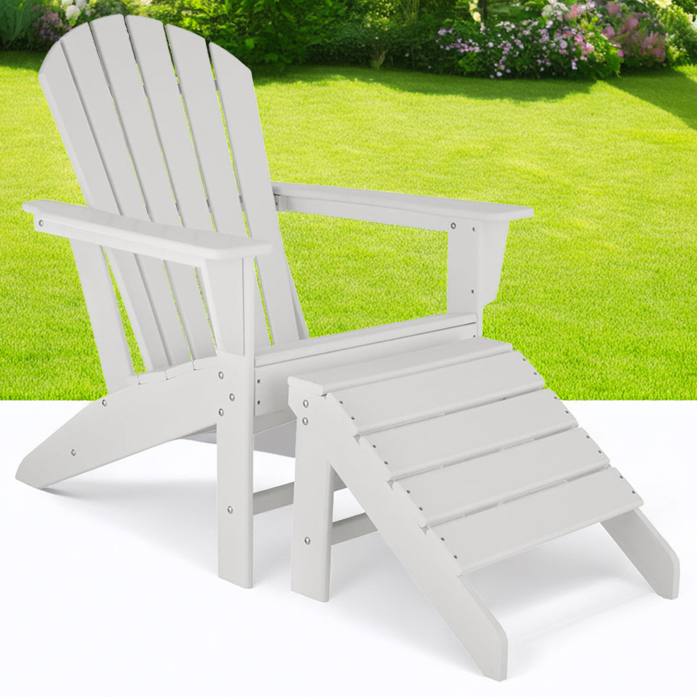 tectake Adirondack Design White Garden Chair with Footstool Image 1
