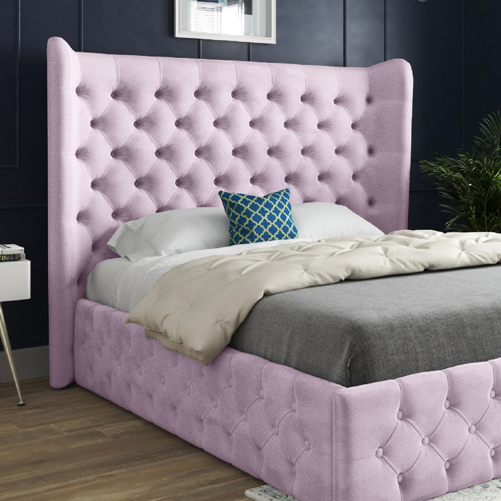 Florence Pink Small Single Velvet Upholstered Bed Frame with Wide Winged Chesterfield Headboard Image 3