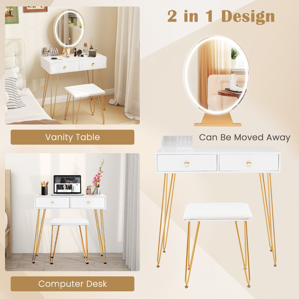 Costway White Vanity Desk Set with LED Mirror and Cushioned Stool Image 7