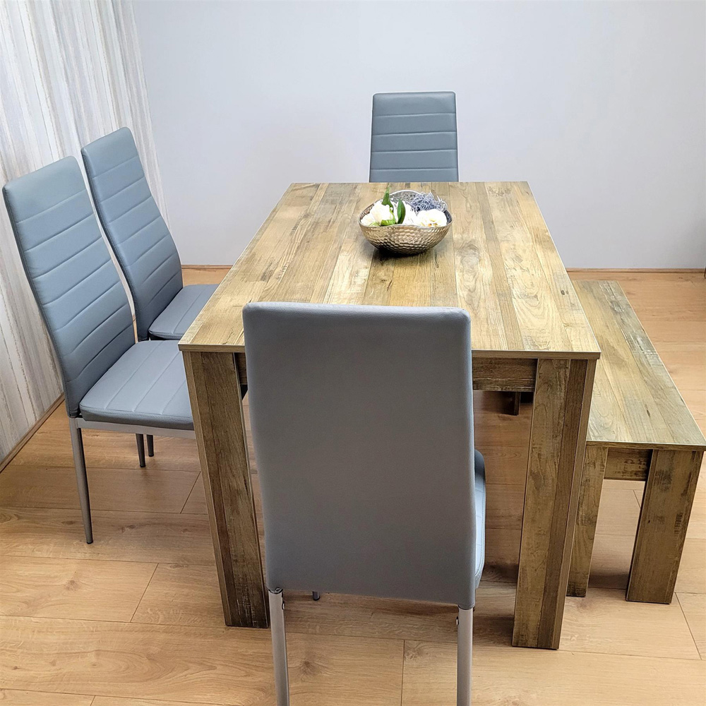 Portland 6 Seater Dining Set Rustic Effect and Grey Leather with Bench Image 6