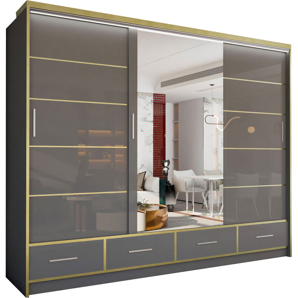 M N Furniture Silora 3 Door 4 Drawer Grey and Gold High Gloss Mirrored Sliding Wardrobe 253cm Image 2
