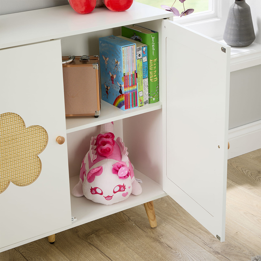 Home Source Daisy 2 Door White Cut Out Rattan Insert Kids Storage Cabinet Image 8