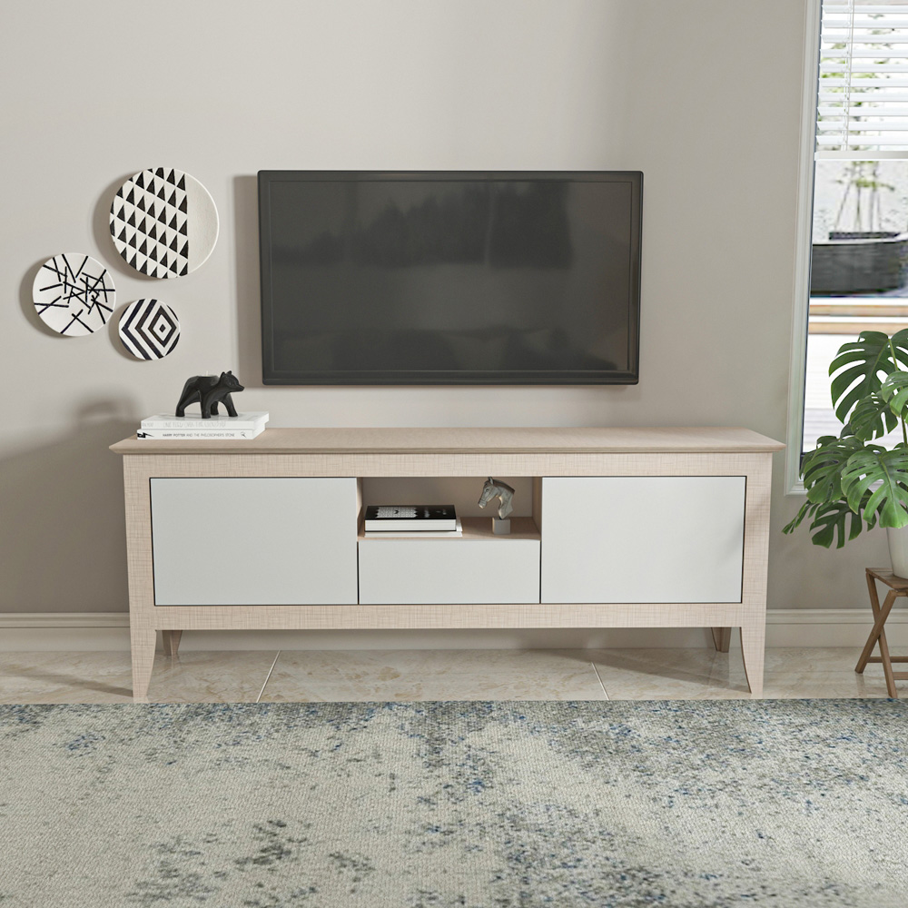 Decorotika Verde 3 Door Single Shelf Beige and White TV Unit Image 5