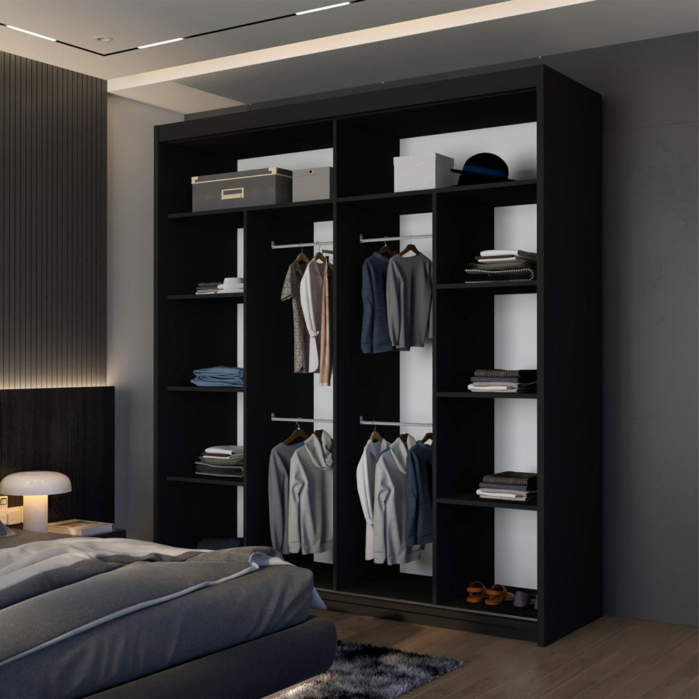 M N Furniture Laiyal 2 Door Black Mirrored Sliding Wardrobe with Oak Strip 203cm Image 4