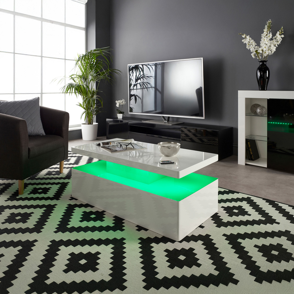 MMT Furniture Designs High Gloss White Rectangle Coffee Table with LED Lights Image 5