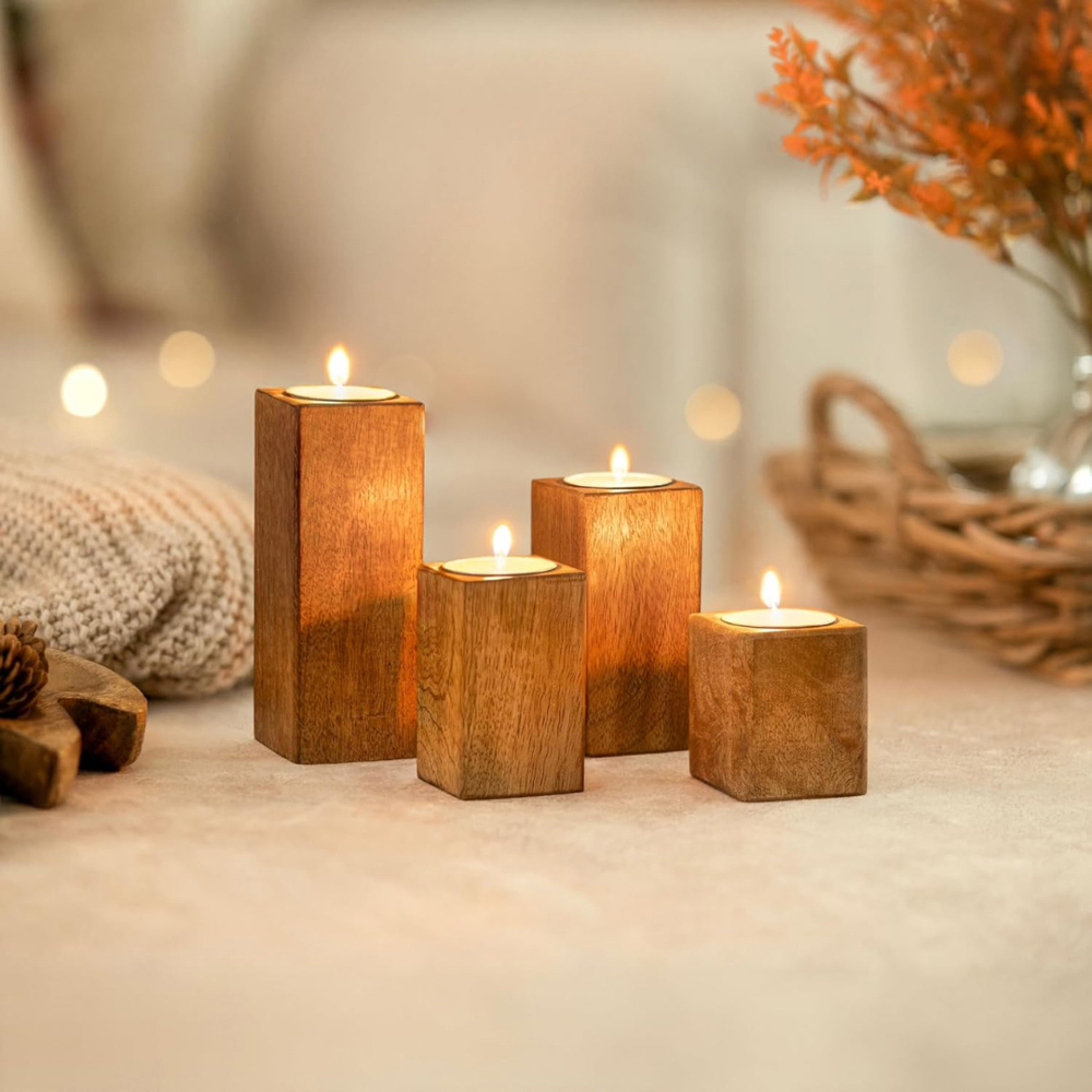 Marco Paul Wooden Tealight Christmas Candle Holder 4 Pack Image 2