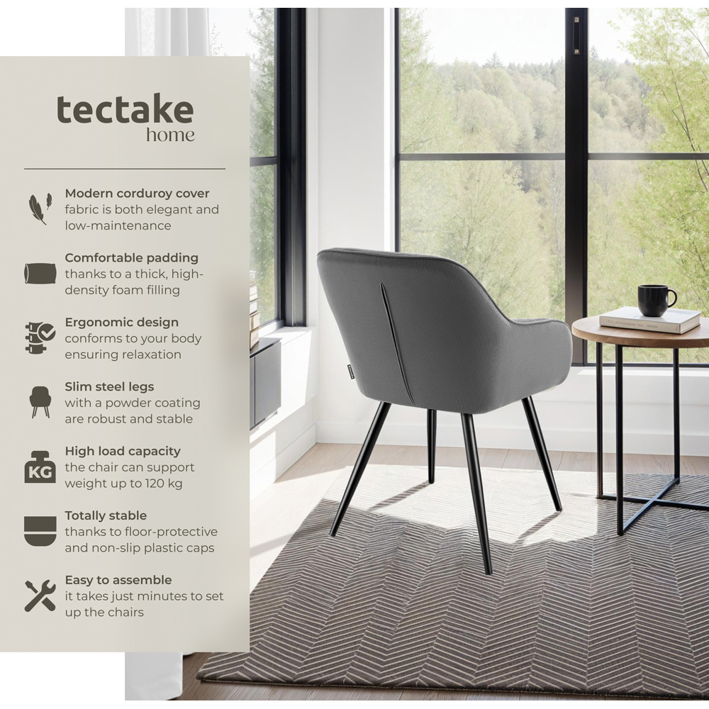 tectake Marilyn Set of 2 Grey and Black Corduroy Padded Dining Chair Image 8