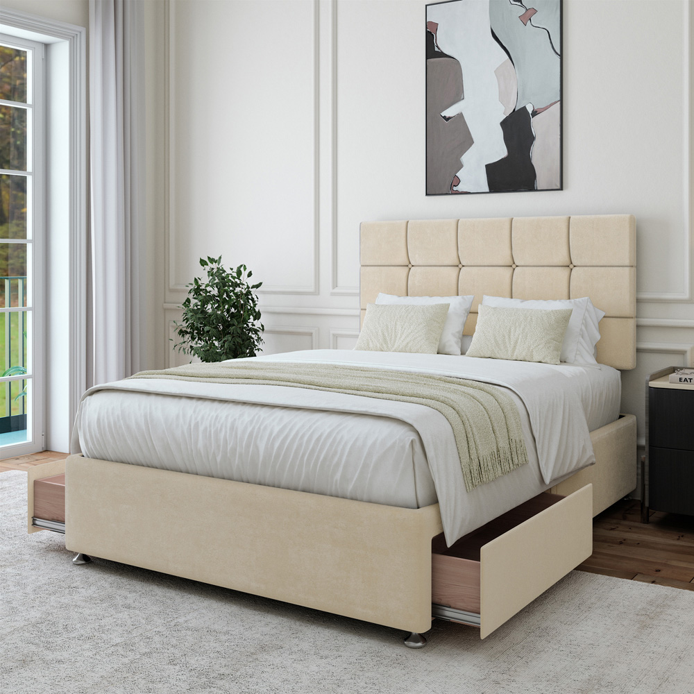 Bedmaster King Size Cream Naples Velvet 2 Drawer Divan Base with Pearl Headboard Image 3