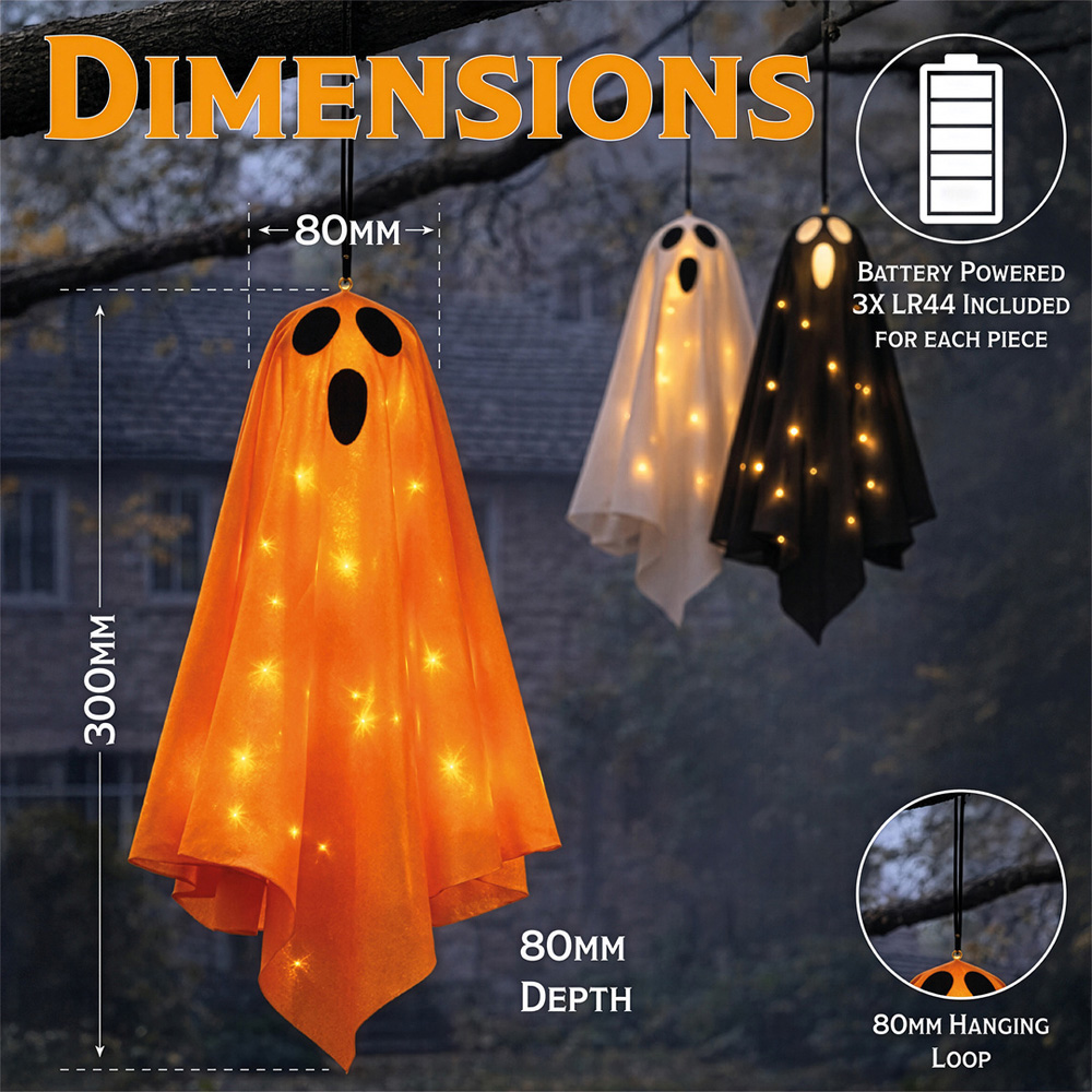FXLab 3 Warm White LED Orange White and Black Ghost Halloween Decoration Set of 3 Image 7