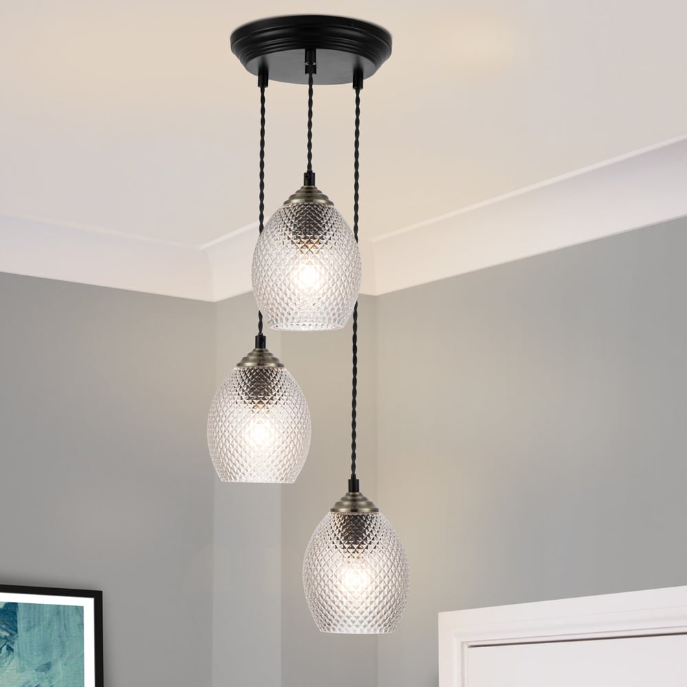Cosylyte Lorne Matt Black Faceted Glass 3 Light Cluster Pendant Light Image 2