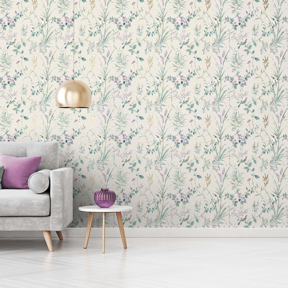 Crown Mariko Floral Teal and Plum Wallpaper Image 4