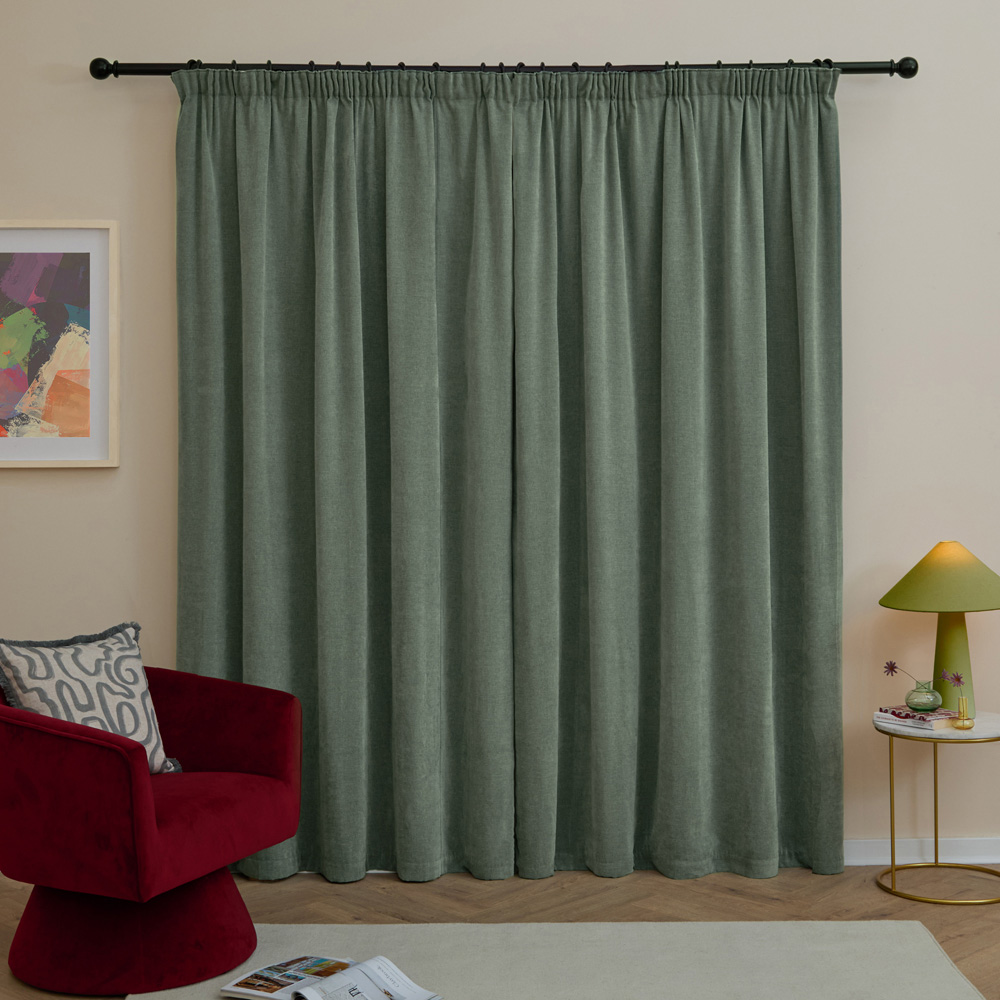 Furn Soft Chenille Green Blackout Pencil Pleat Curtains 229 x 137cm Image 2