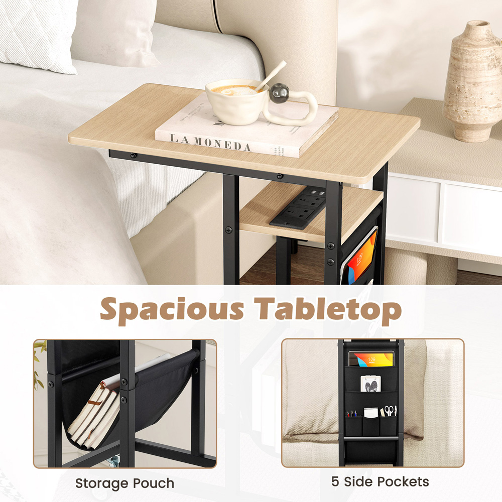 Costway Natural C Shaped End Table Rolling with Charging Station and Retractable Tabletop Image 7