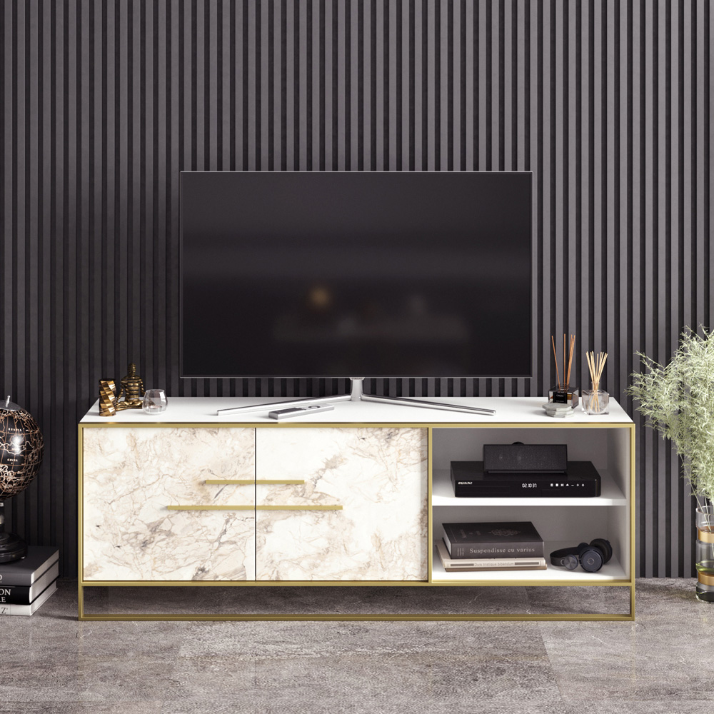 Decorotika Polka 2 Door White Marble and Gold TV Unit Image 6