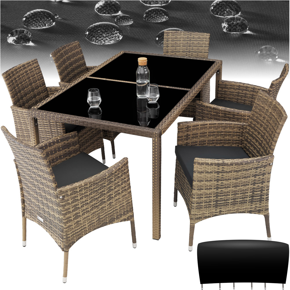 tectake Lisbon 6 Seater Rattan Garden Dining Set Natural and Dark Grey Image 2