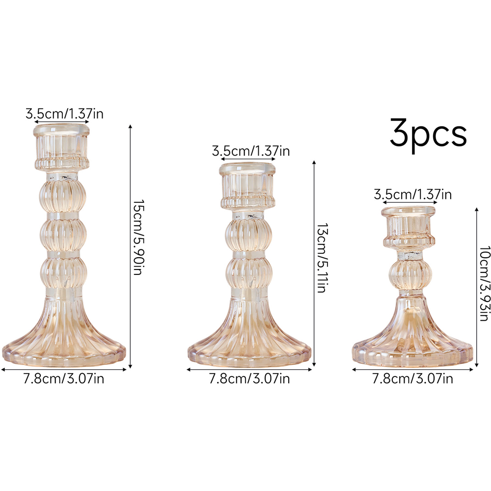 Living and Home Amber Glass Fluted Candlestick Holder Set of 3 Image 9
