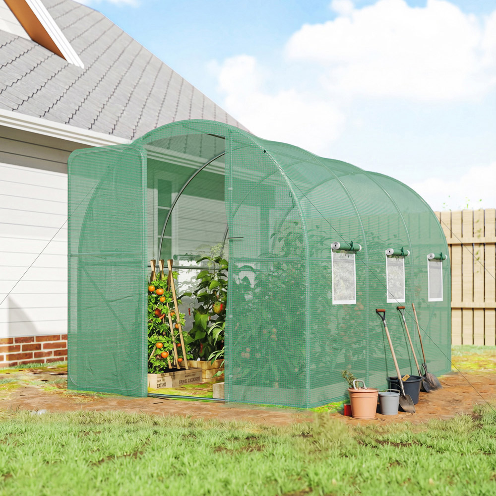 Outsunny Green Polytunnel 6.5 x 9.8ft Walk-In Greenhouse with 6 Mesh Window Image 2