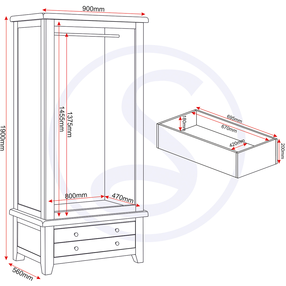 Seconique Windsor 2 Door Single Drawer Pebble Grey and Oak Wardrobe Image 9