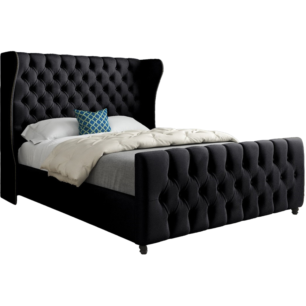 Donati Black Double Velvet Upholstered Bed Frame with Straight Curved Top Headboard Image 2
